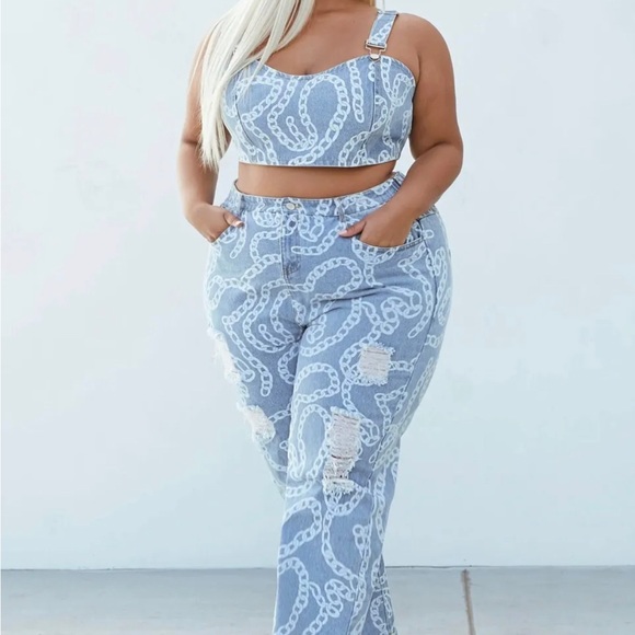 PLUS SIZE SLEEVELESS 2PC. TOP & PANTS DISTRESSED DENIM PRINT SET - Picture 8 of 8